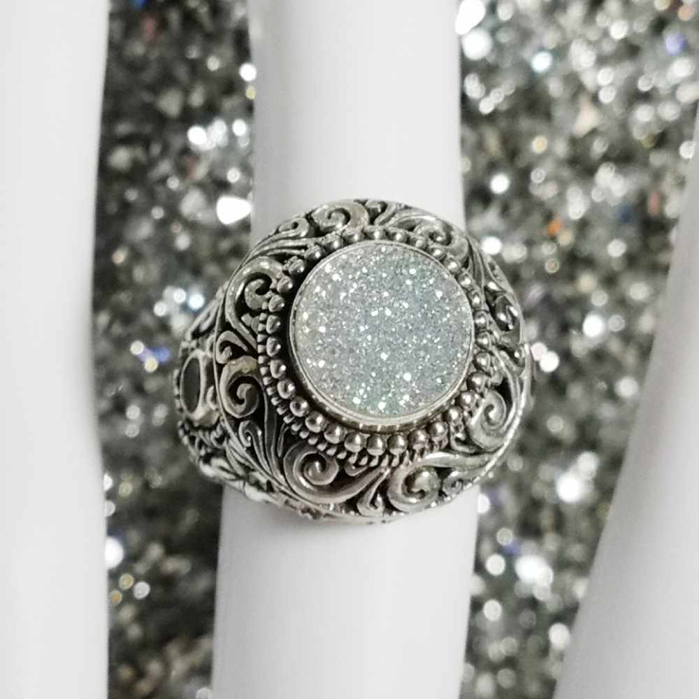 White Snow Drusy & Garnet Sterling Silver Ring NWT